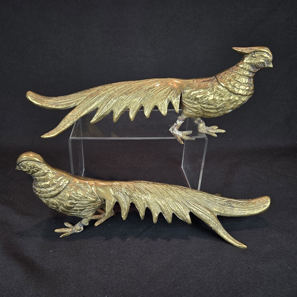 Pair Vintage Brass Male and Female Pheasants Bird Sculpture 13" MCM Patina Decor